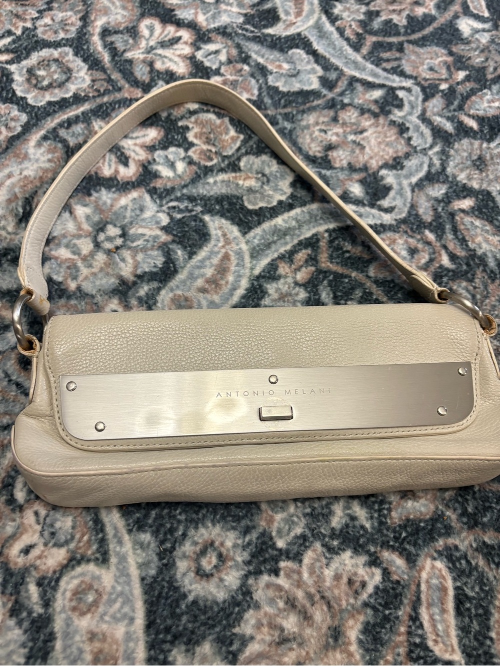ANTONIO MELANI Beige Pebbled Leather Shoulder Bag with Metal Plate
